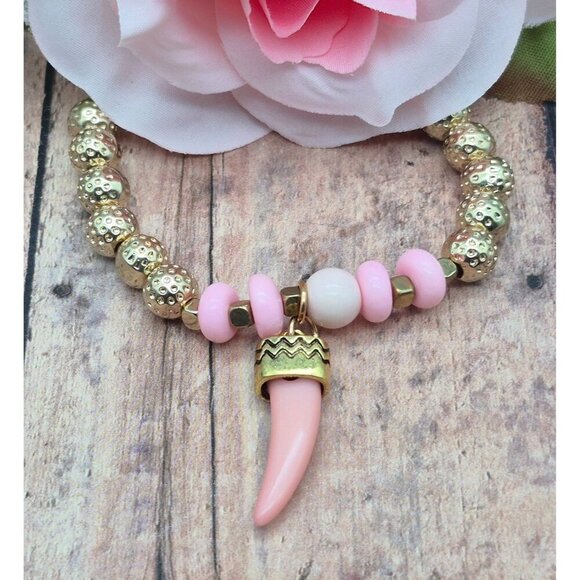 Lot of 2 Artisan Made Gold Tone & Pink Beaded Stretch Bracelet Shark Tooth Charm - Picture 8 of 9